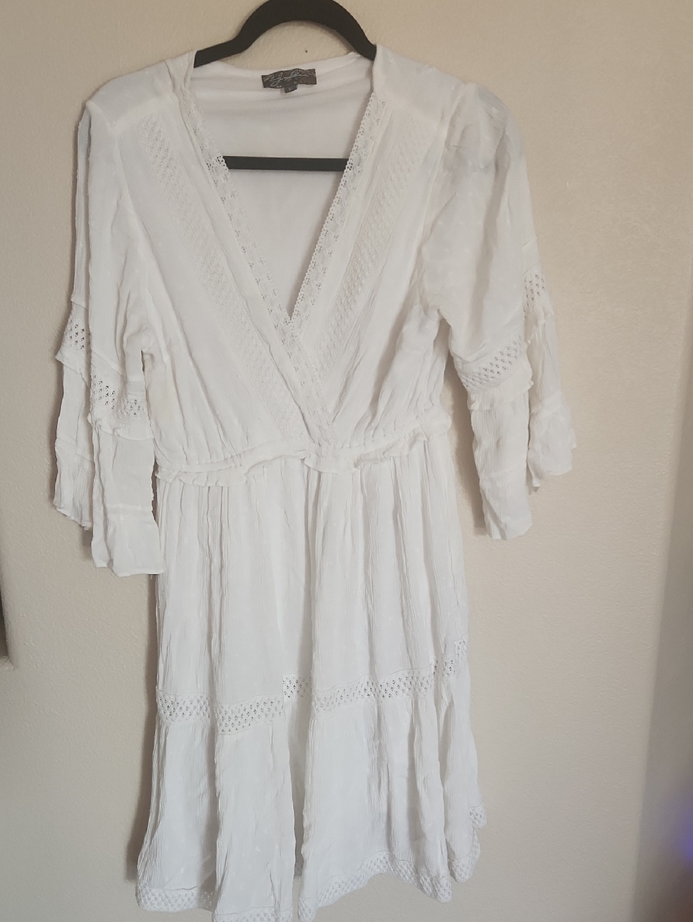 White V-Neck Boho Lace Trim Dress